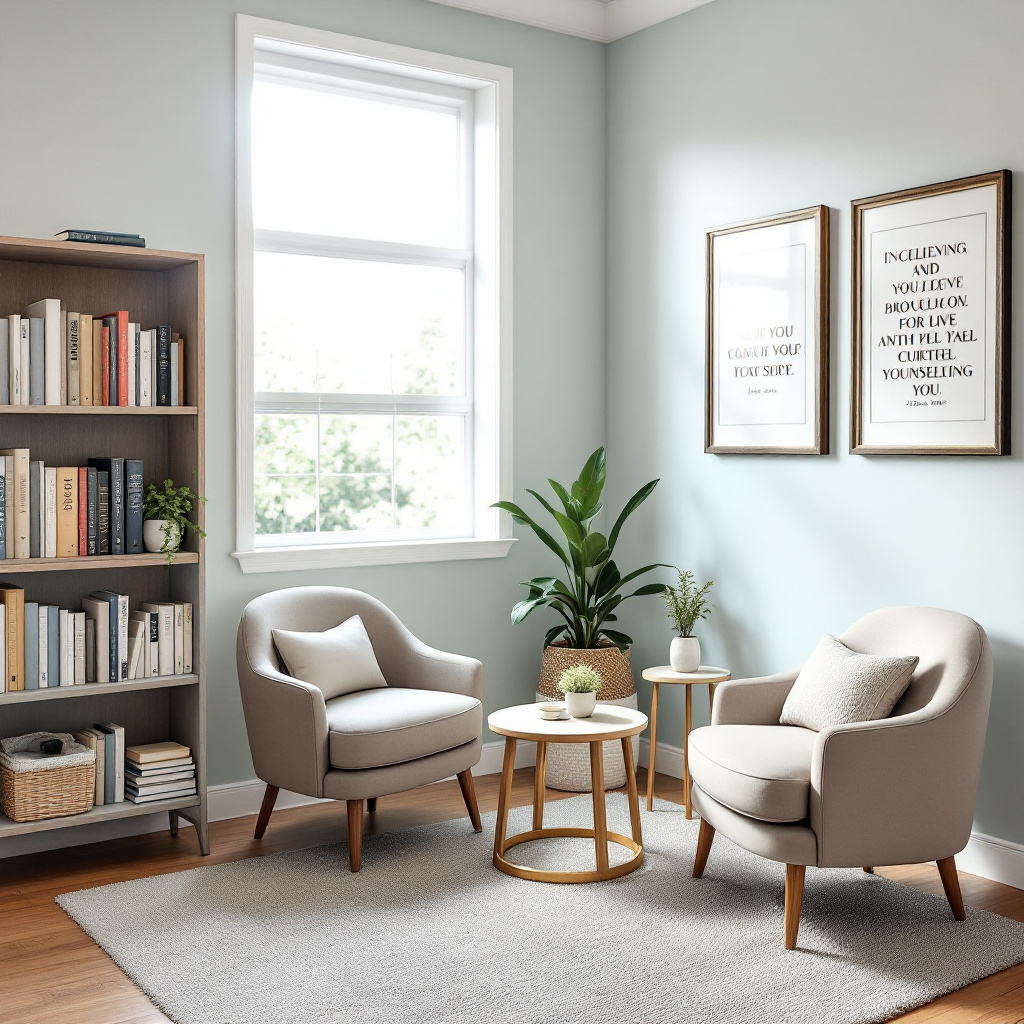 A Christian counselor compassionately listening to a client in an office setting.
